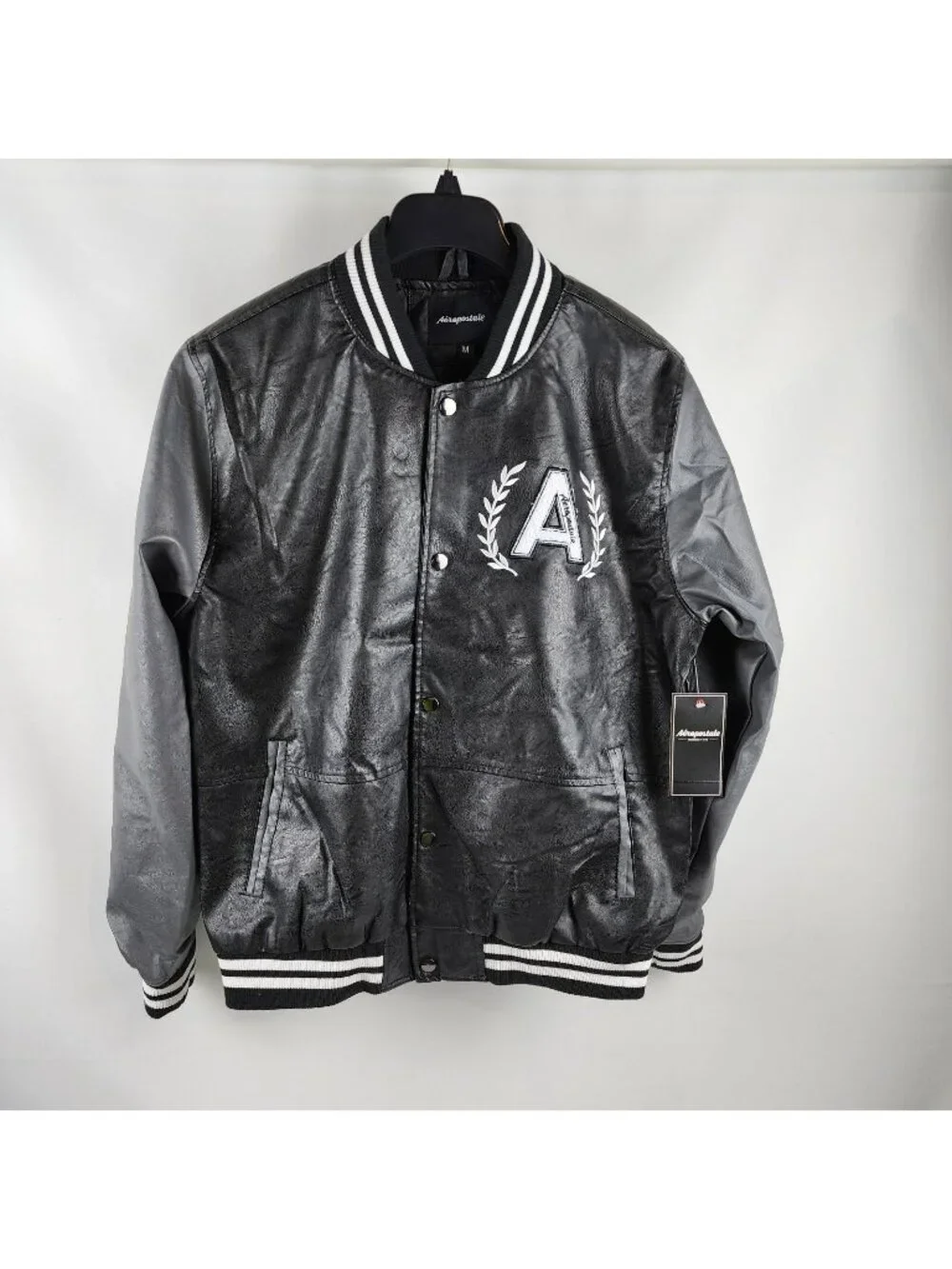 Aeropostale Jacket Mens M Black Varsity Snap Bomber Logo NWT